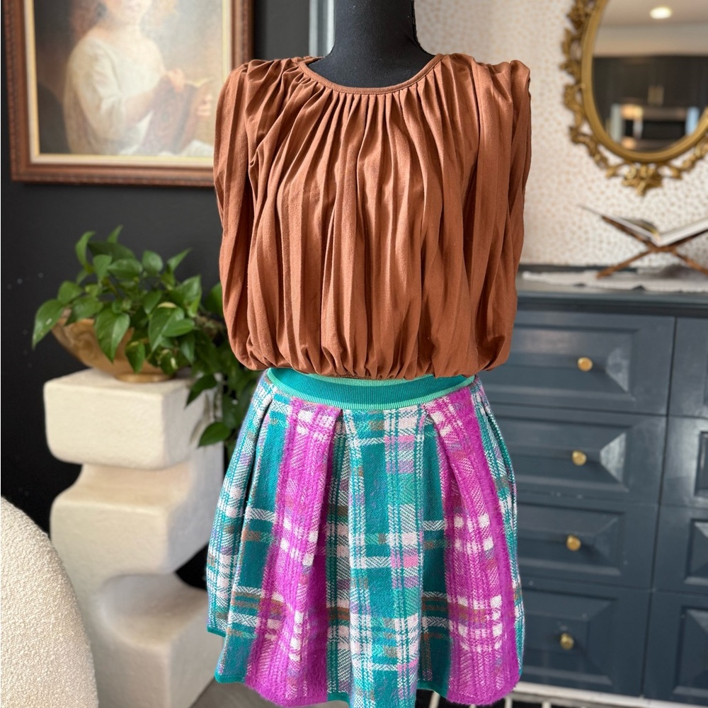 Anthropologie Teal and Magenta Plaid Mini Skirt